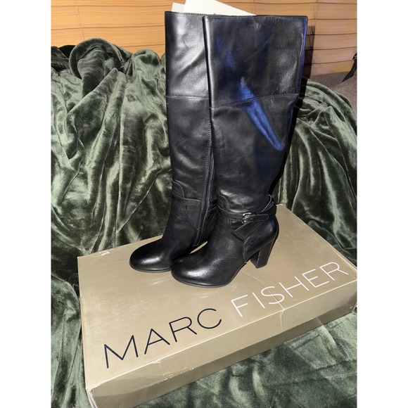 Marc Fisher Kevins Black Leather Knee High Block Heel Boots MFKEVINS Size 8M